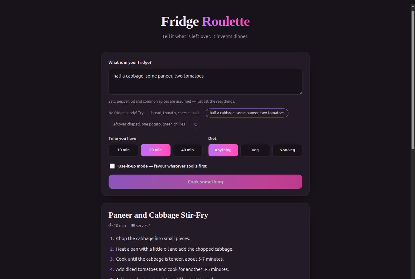 Fridge Roulette — ingredients typed into the input box, with a generated recipe card below showing Paneer and Cabbage Stir-Fry and its steps