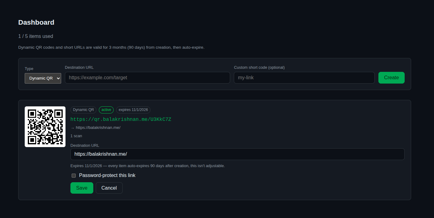 qr.balakrishnan.me dashboard — a dynamic QR code with its destination URL, scan count, expiry date, and password-protection toggle