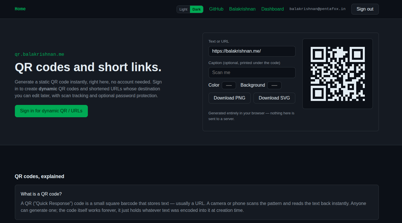 qr.balakrishnan.me home page — generate a static QR code for a URL, entirely in the browser